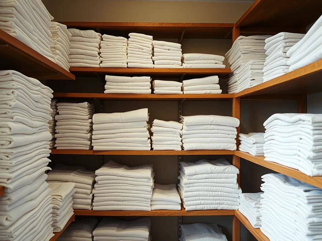 Plain white cotton tee shirts folded and stacked by size on wooden shelving in a back room.