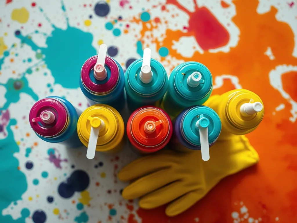 Squeeze bottles of concentrated dye stood upside down on a splattered plastic table, magenta turquoise and yellow, a rubber glove beside them.