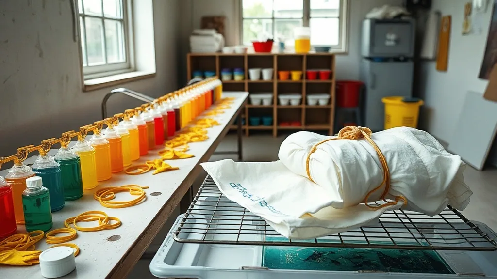 A dye studio work table lined with squeeze bottles of bright colour, loose rubber bands and gloves, and a white shirt bundled and tied on a wire rack over a tray.