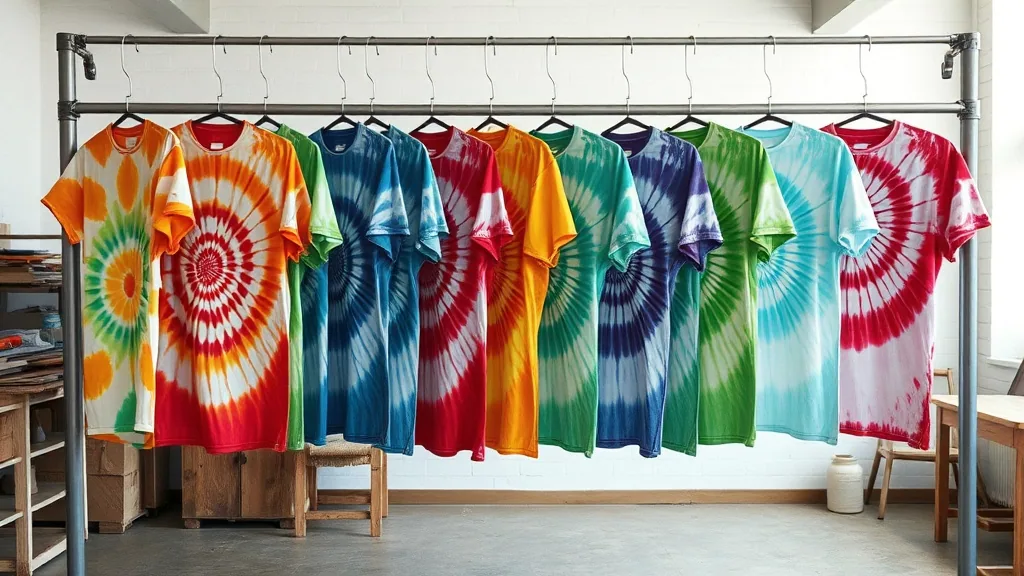 A rail hung with about a dozen finished tie dye shirts in a row, spirals in orange, blue, red, green and pink, shot straight on against a white wall.